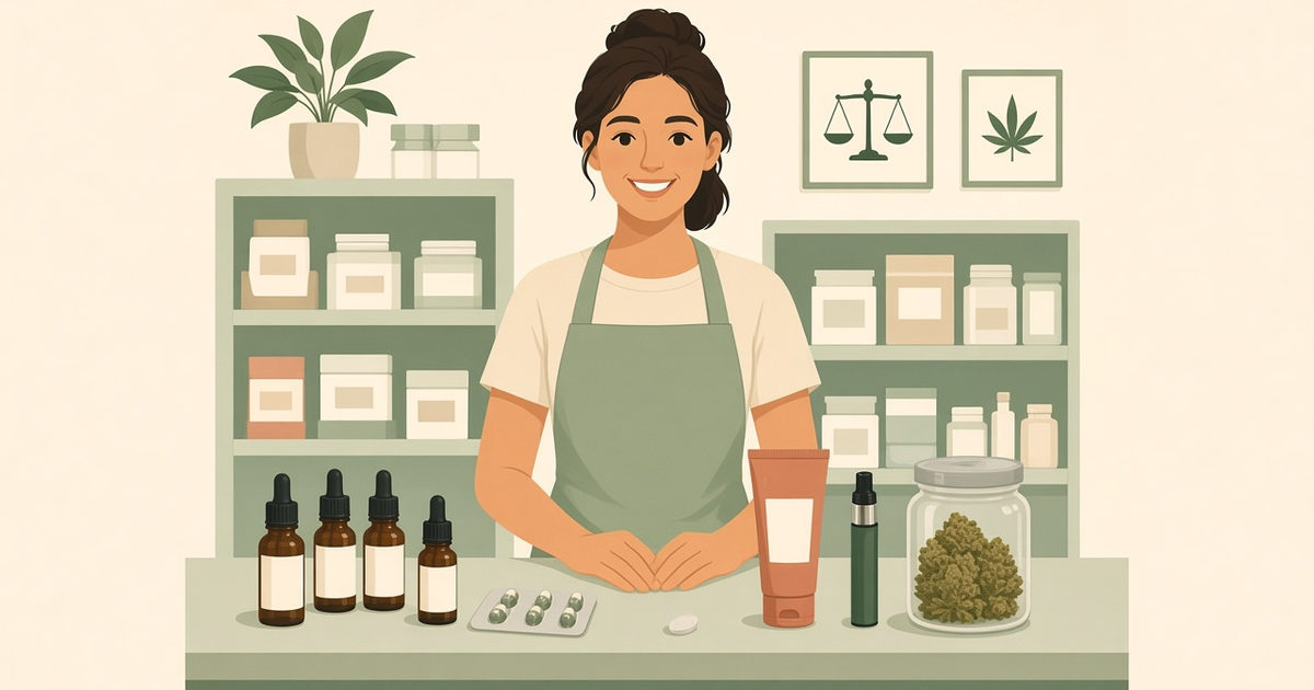 Georgia dispensary counter with legal medical cannabis oils, capsules, lotion, a patch, a vape pen and a jar of flower
