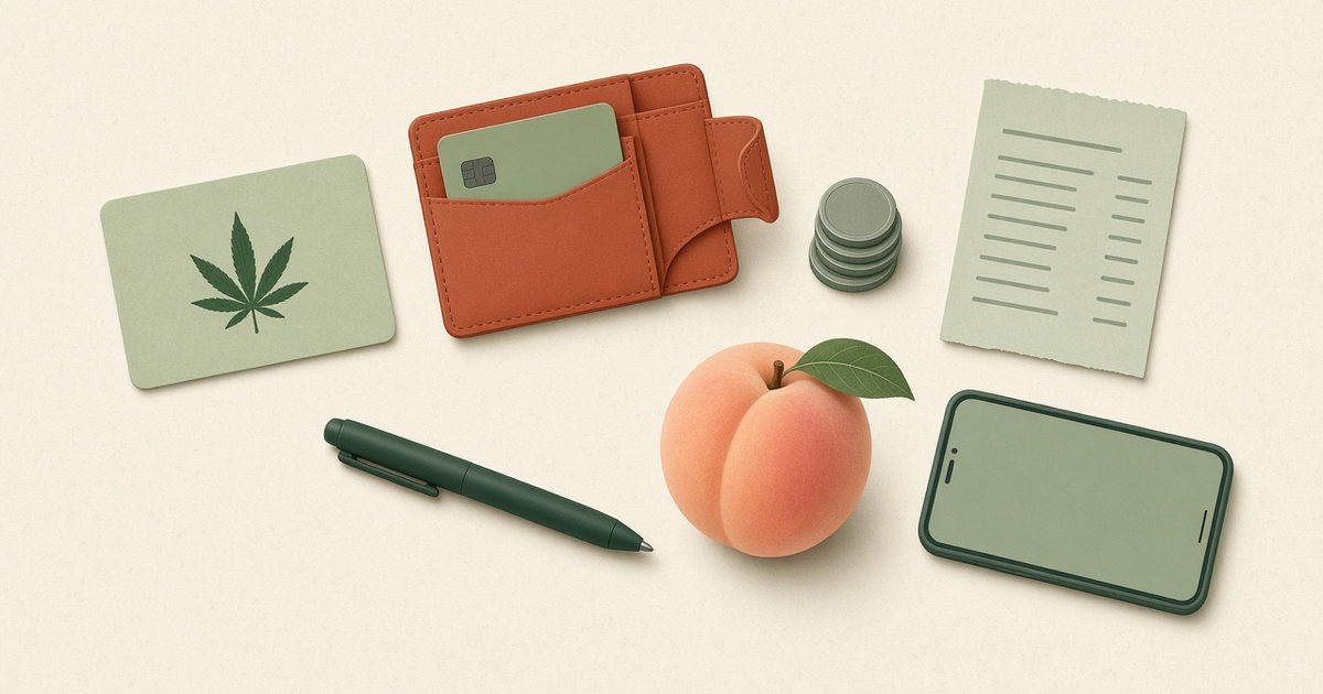 Georgia medical marijuana card cost: a cannabis card beside a wallet, coins, a receipt and a Georgia peach