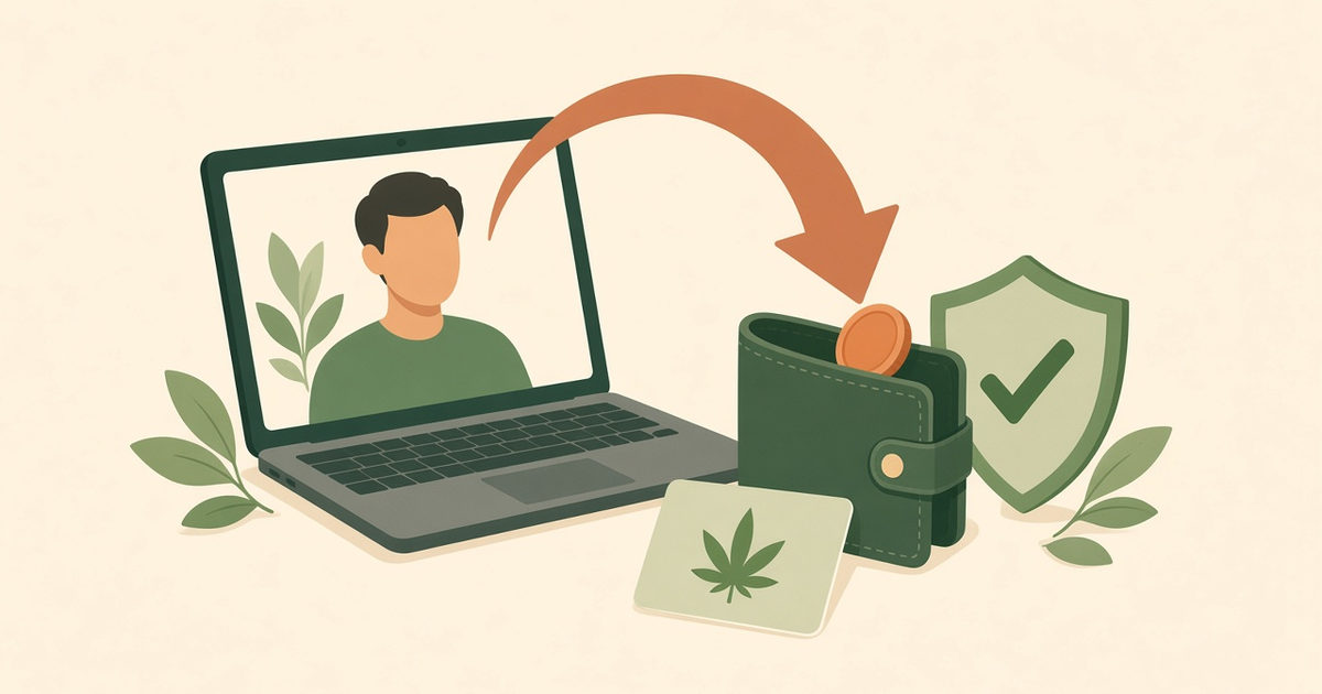Refund arrow returning a coin from a telehealth visit to a wallet beside a medical marijuana card and a check-mark shield