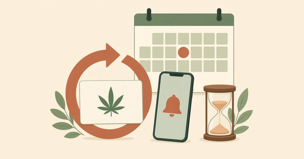 Georgia medical marijuana card renewal reminder: a cannabis card in a renewal arrow, a phone alert, a calendar and an hourglass