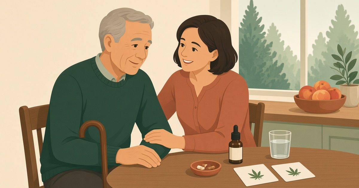 Caregiver helping an older parent at home with two Georgia medical marijuana cards and a cannabis oil bottle