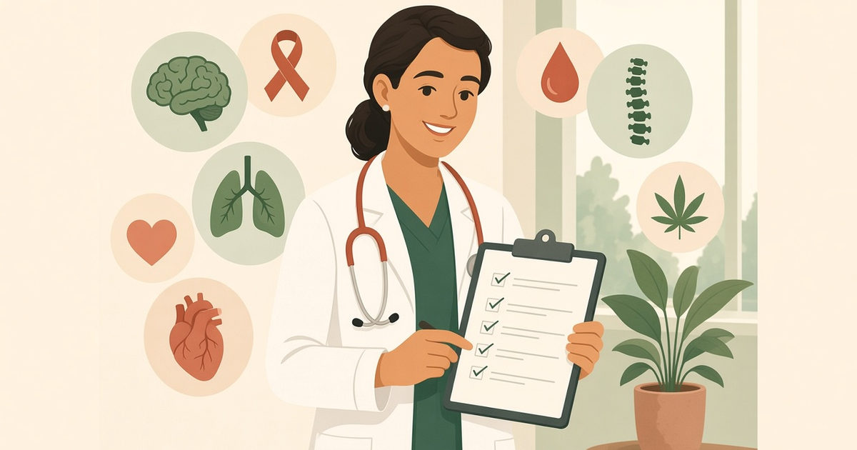 Physician holding a checklist of Georgia medical marijuana qualifying conditions, surrounded by medical icons