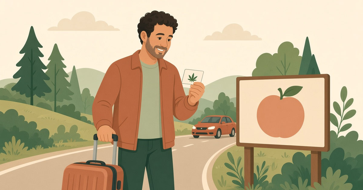 Visitor arriving in Georgia with a suitcase and an out-of-state medical marijuana card beside a peach welcome sign